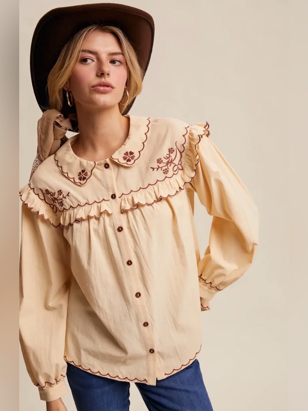 LISTICLE Balloon Sleeve Embroidered Bexli Blouse - Small